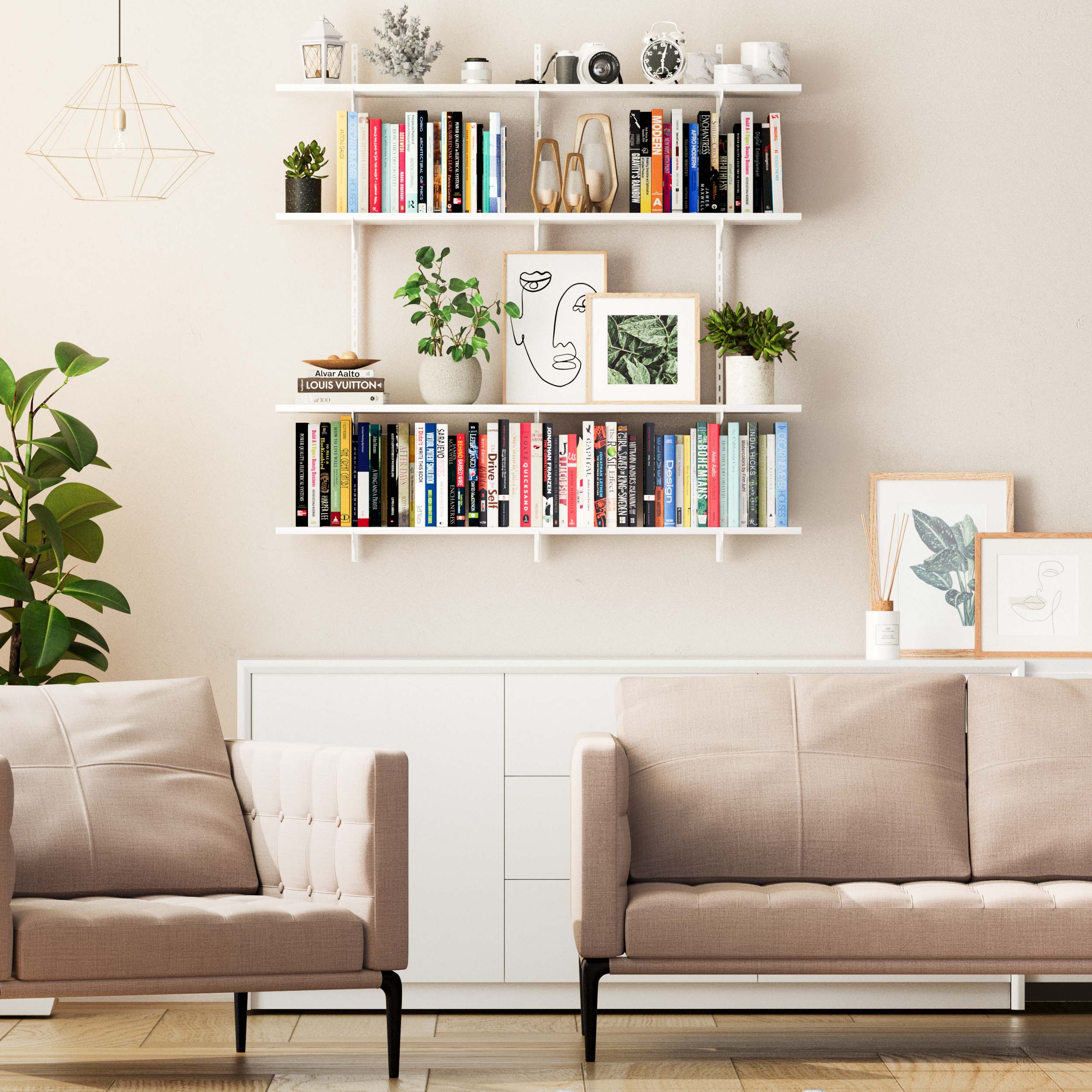 A stylish living room corner with 4 tier white storage shelves with modern art frames and books.
