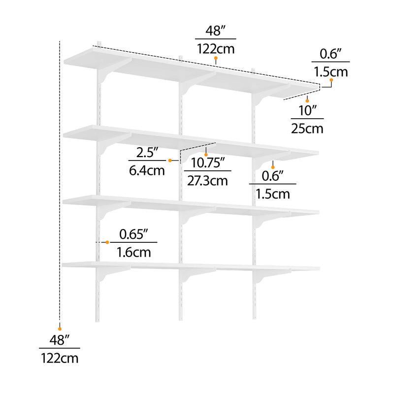 TURIN 48"x10" Floating Shelves for Wall Storage, Closet Storage Shelves, Wall Shelves with Adjustable Standard Rail Bracket System - White