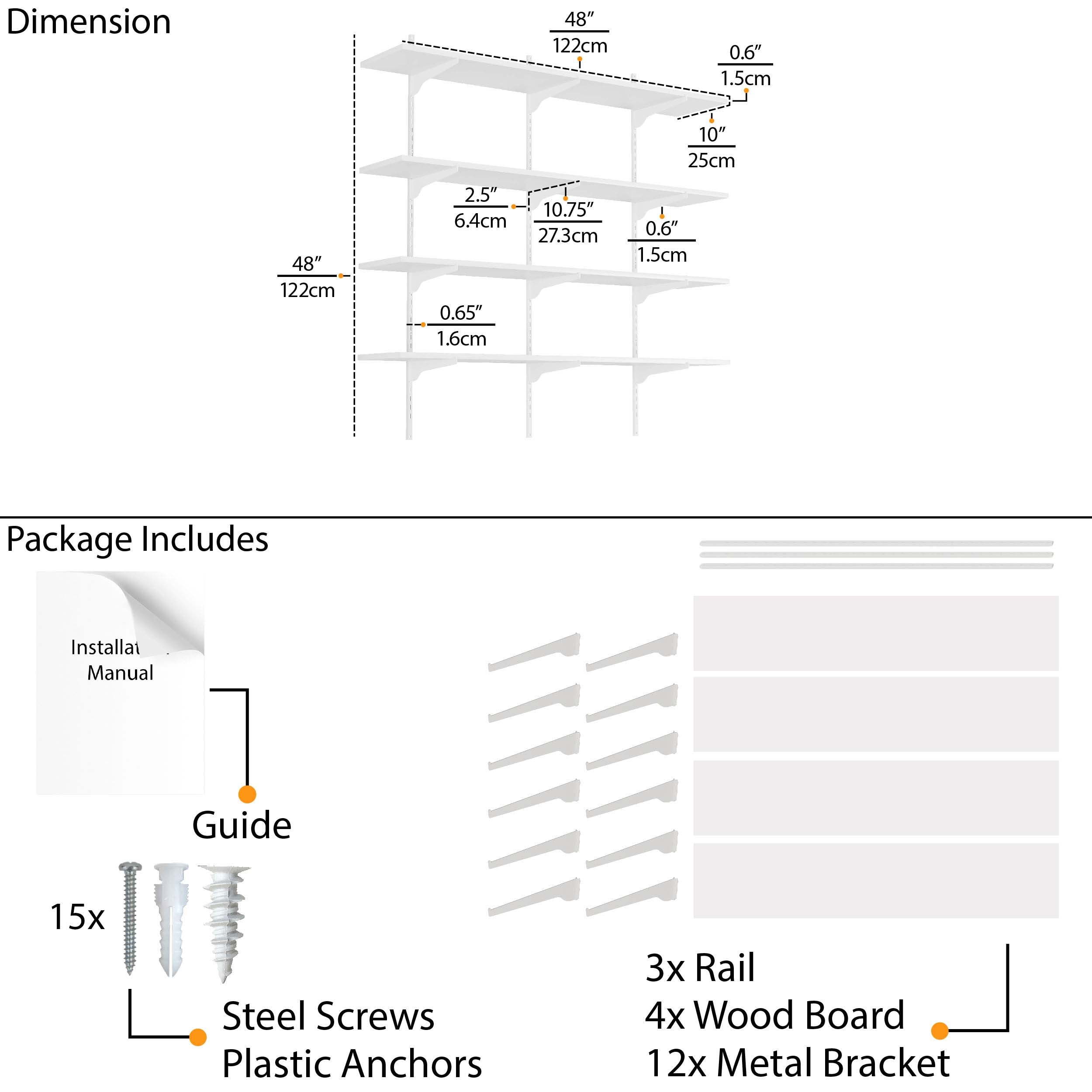 A diagram showing dimensions and parts of a 48'' white floating shelves with wood finish, contents as screws, rails and anchors