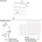 A diagram showing dimensions and parts of a 48'' white floating shelves with wood finish, contents as screws, rails and anchors