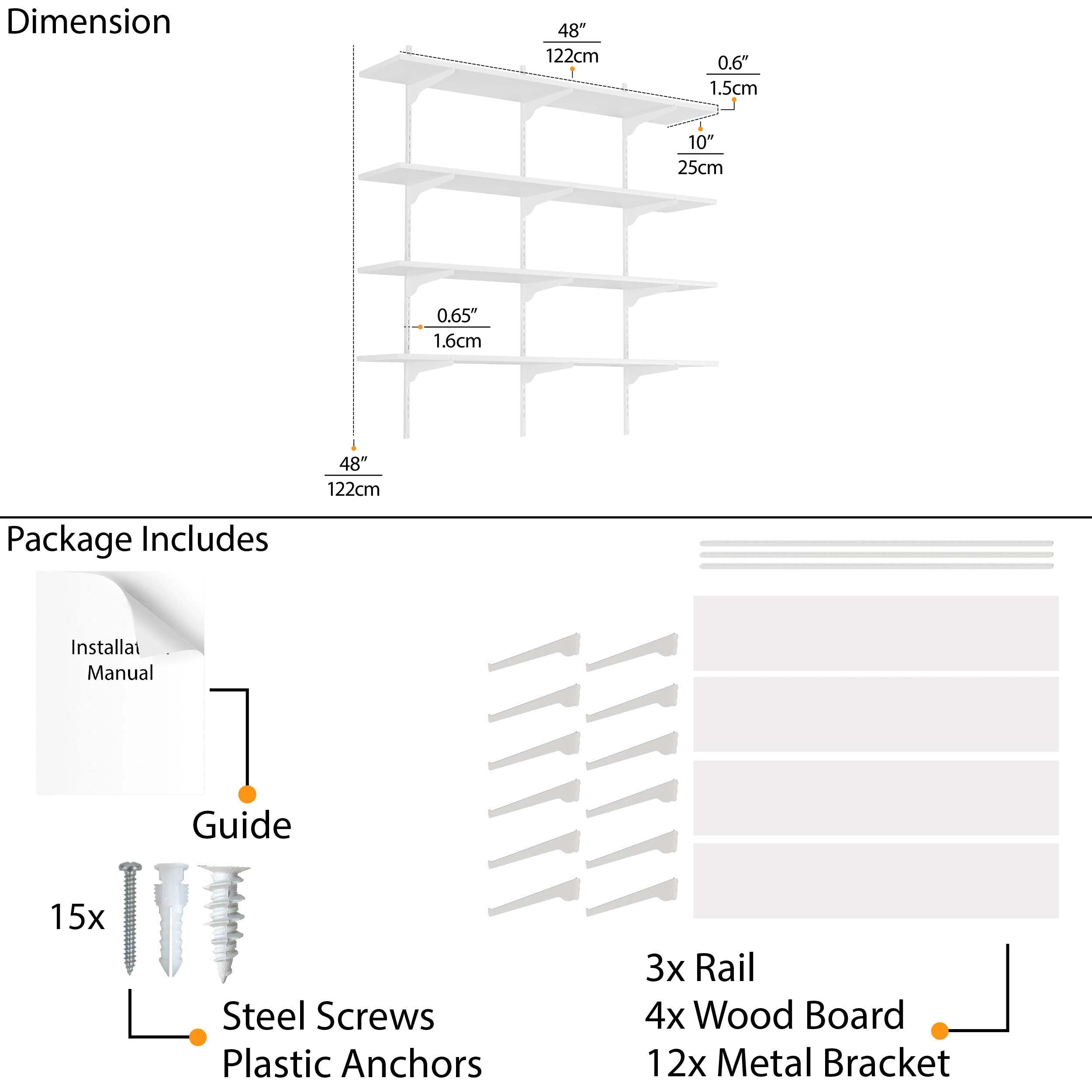 A diagram showing dimensions and parts of a 48'' white floating shelves with wood finish, contents as screws, rails and anchors