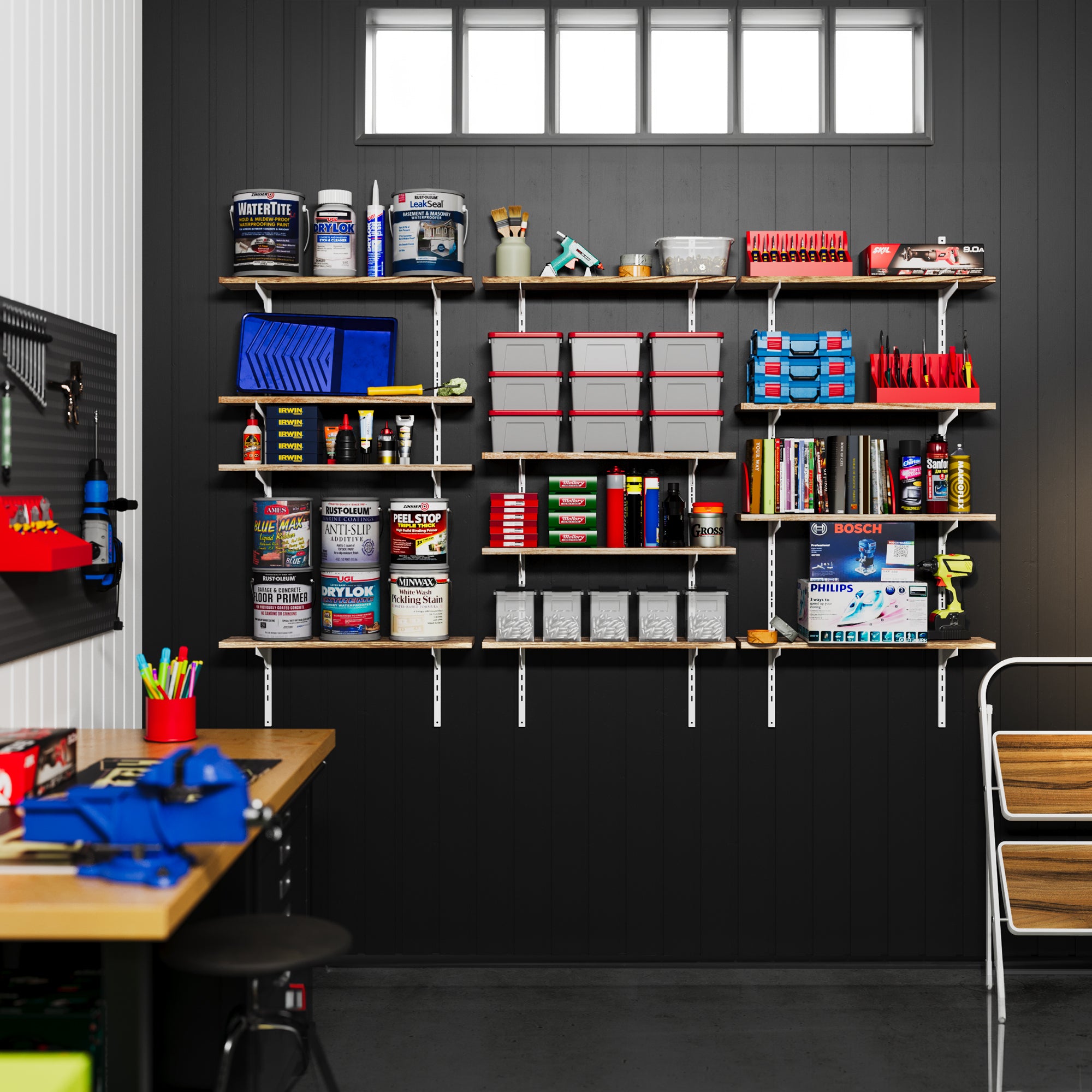 A well-organized workshop with shelves for garage storage with full of tools and supplies against a black wall.