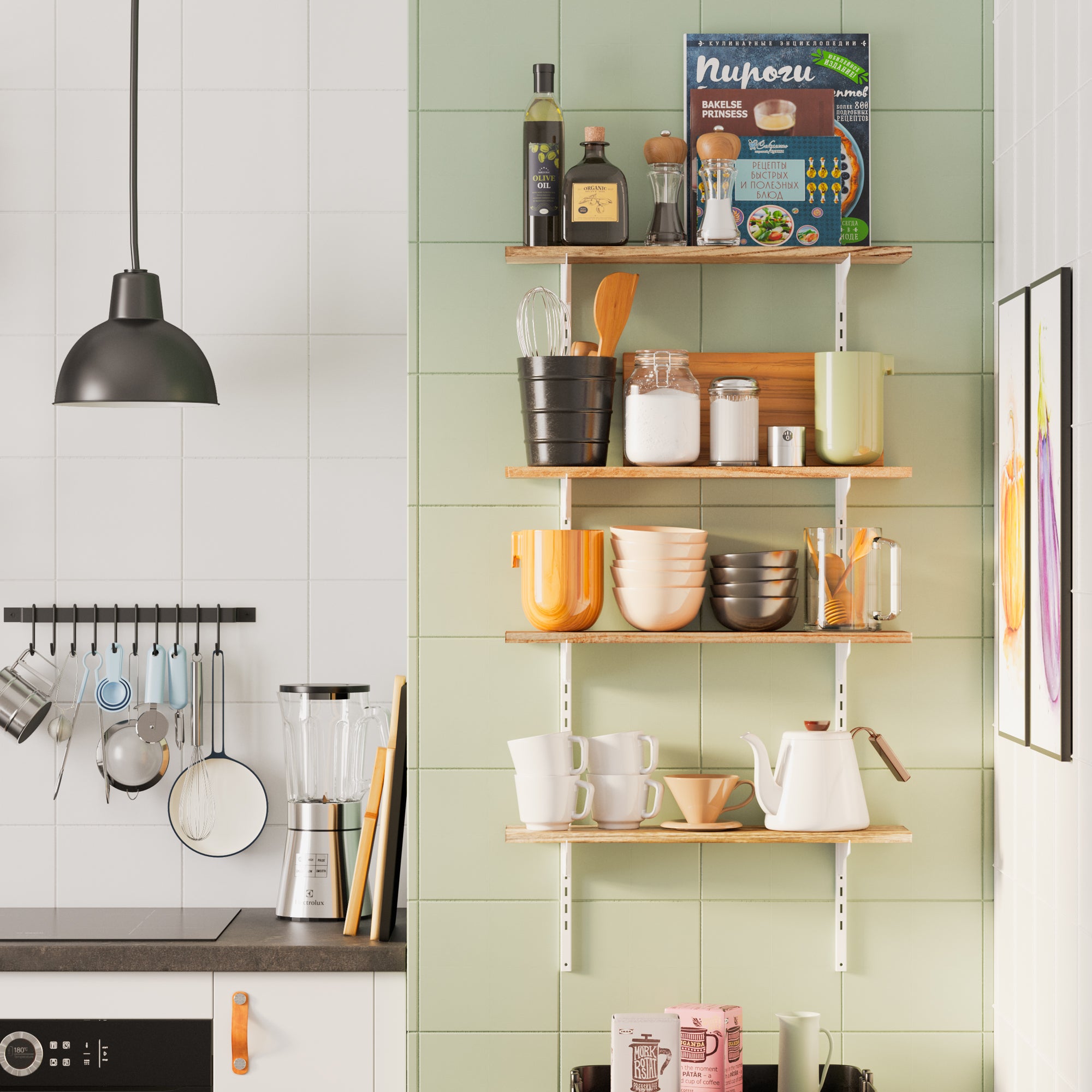 A kitchen wall with shelves for kitchen holding cooking utensils, pots, and ingredients.