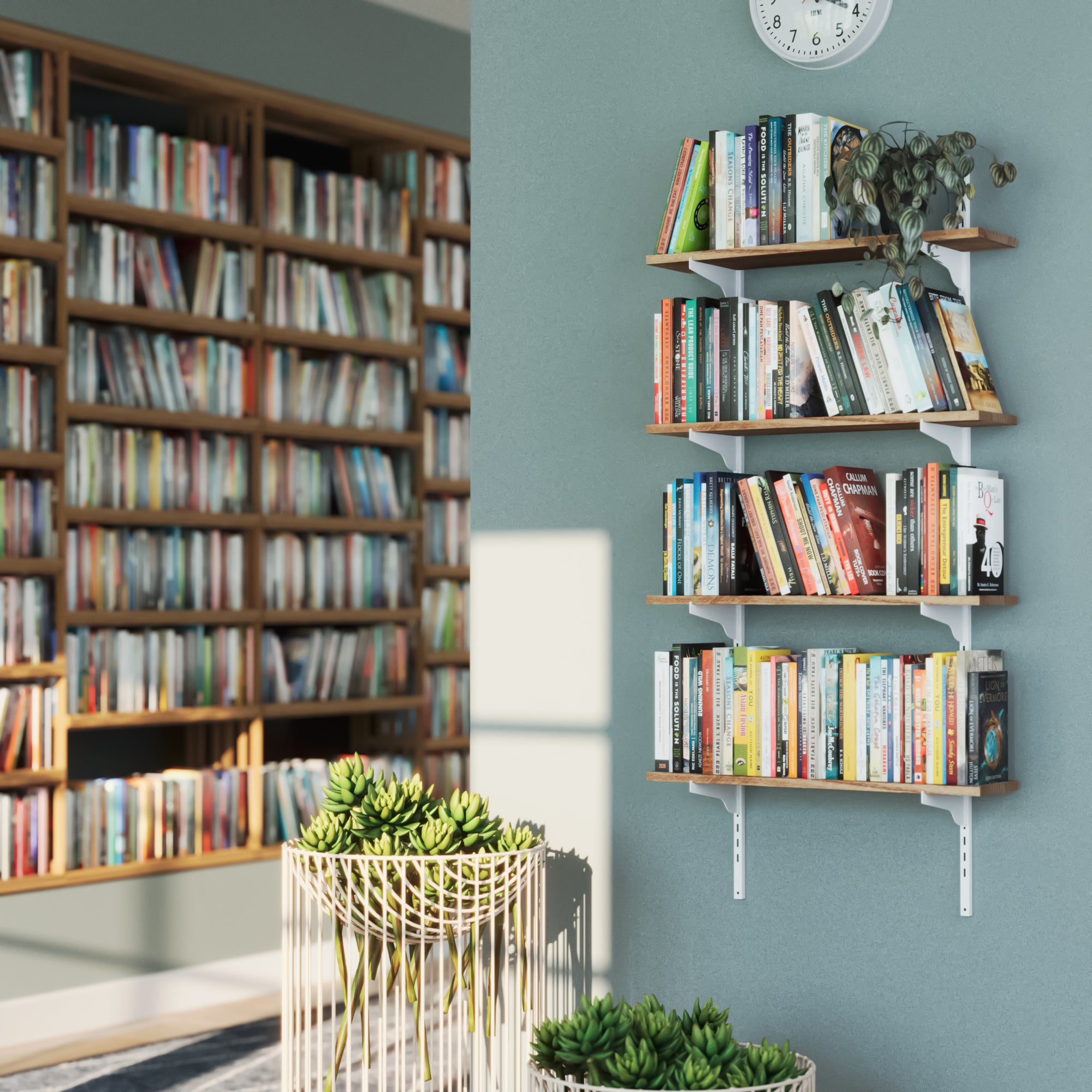 24'' burnt adjustable shelves with stylish books in a reading corner of the living room.