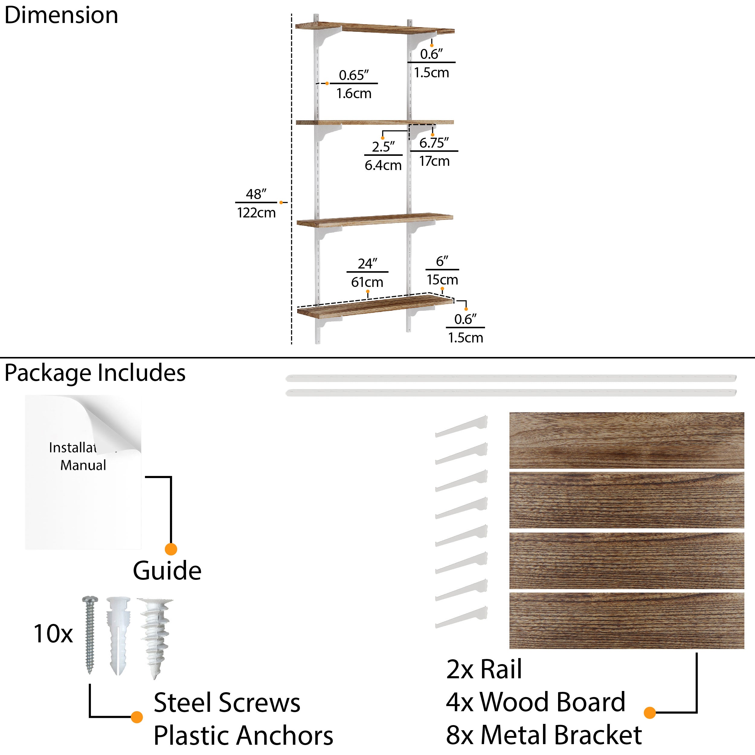 A diagram showing 24'' floating wall shelves burnt dimensions and contents for shelf installation.