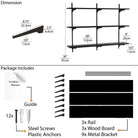 48'' black shelves with measurements, included accessories and assembly materials as screws and anchors.