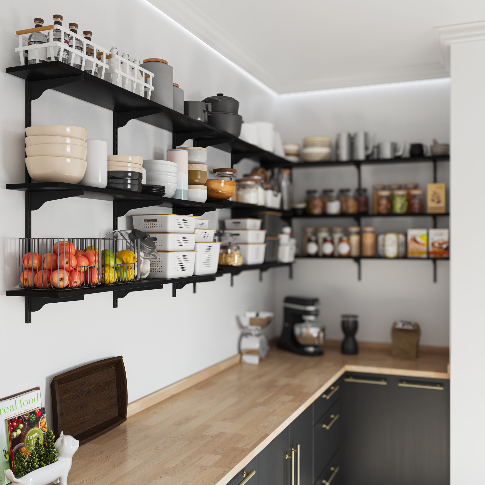 Pantry shelves filled with cookware, canned goods, creating a highly organized kitchen storage.
