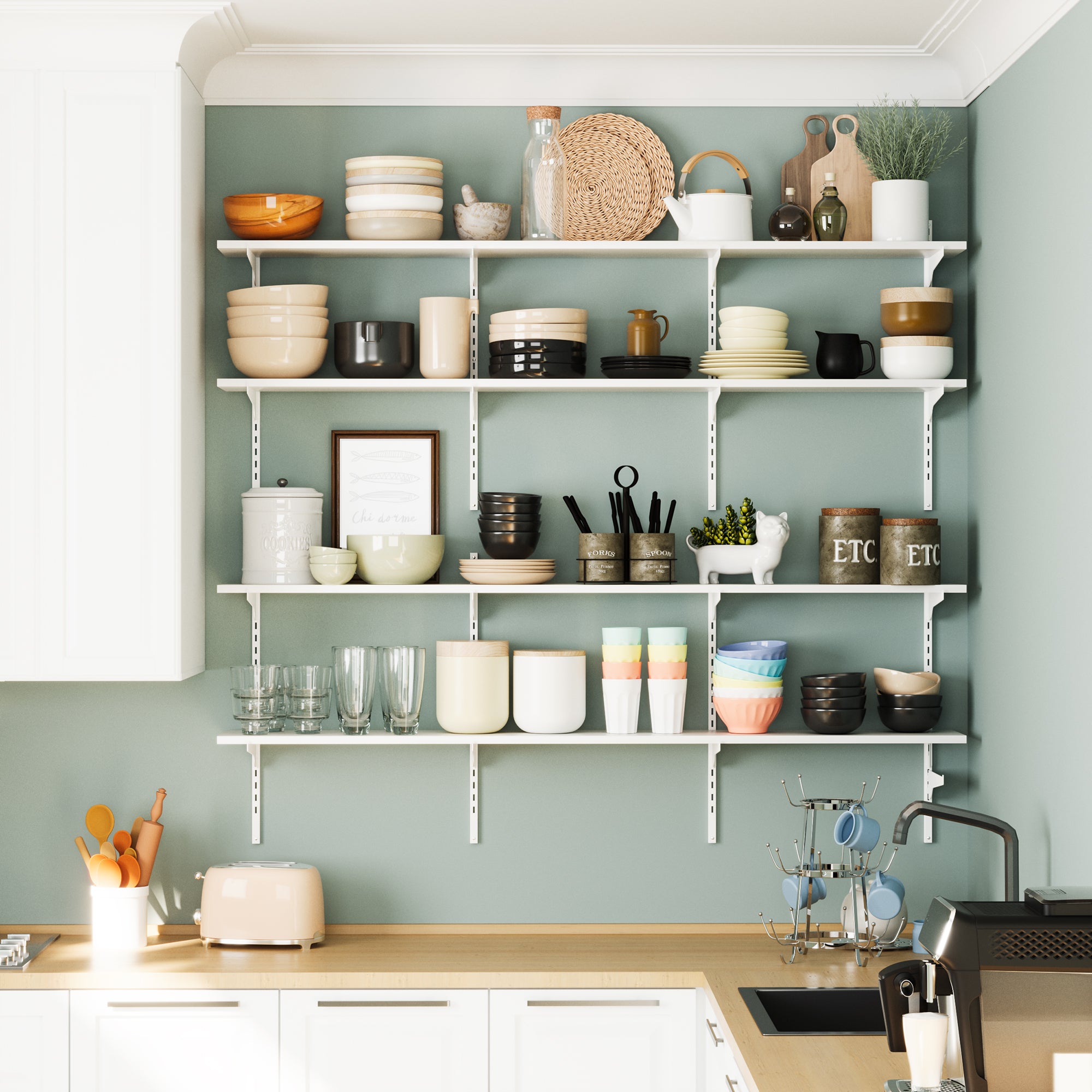 60'' wall mounted shelves white filled with kitchenware and plants, giving off a neat and homey kitchen vibe.