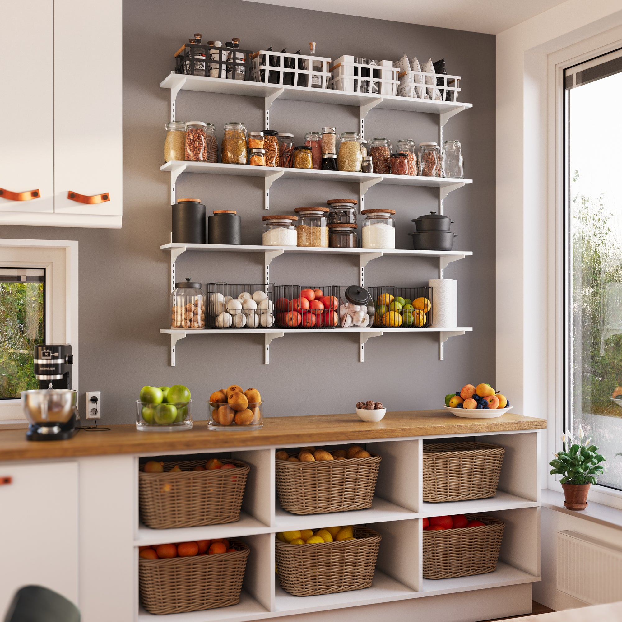 Floating kitchen shelves in a pantry organized with jars of food, wicker baskets, and a window view.
