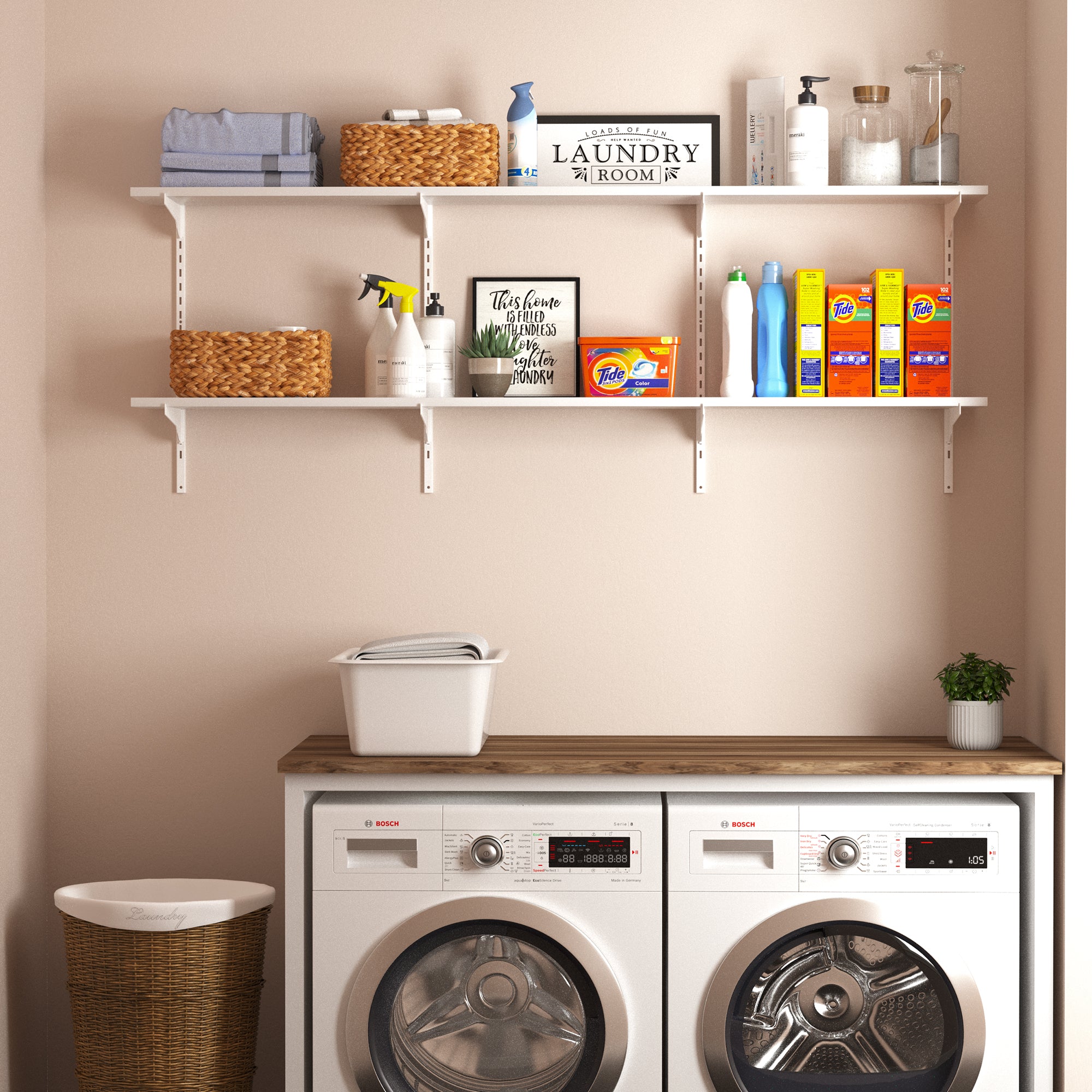 White laundry room shelves neatly stocked with towels, cleaning supplies, and décor accents.
