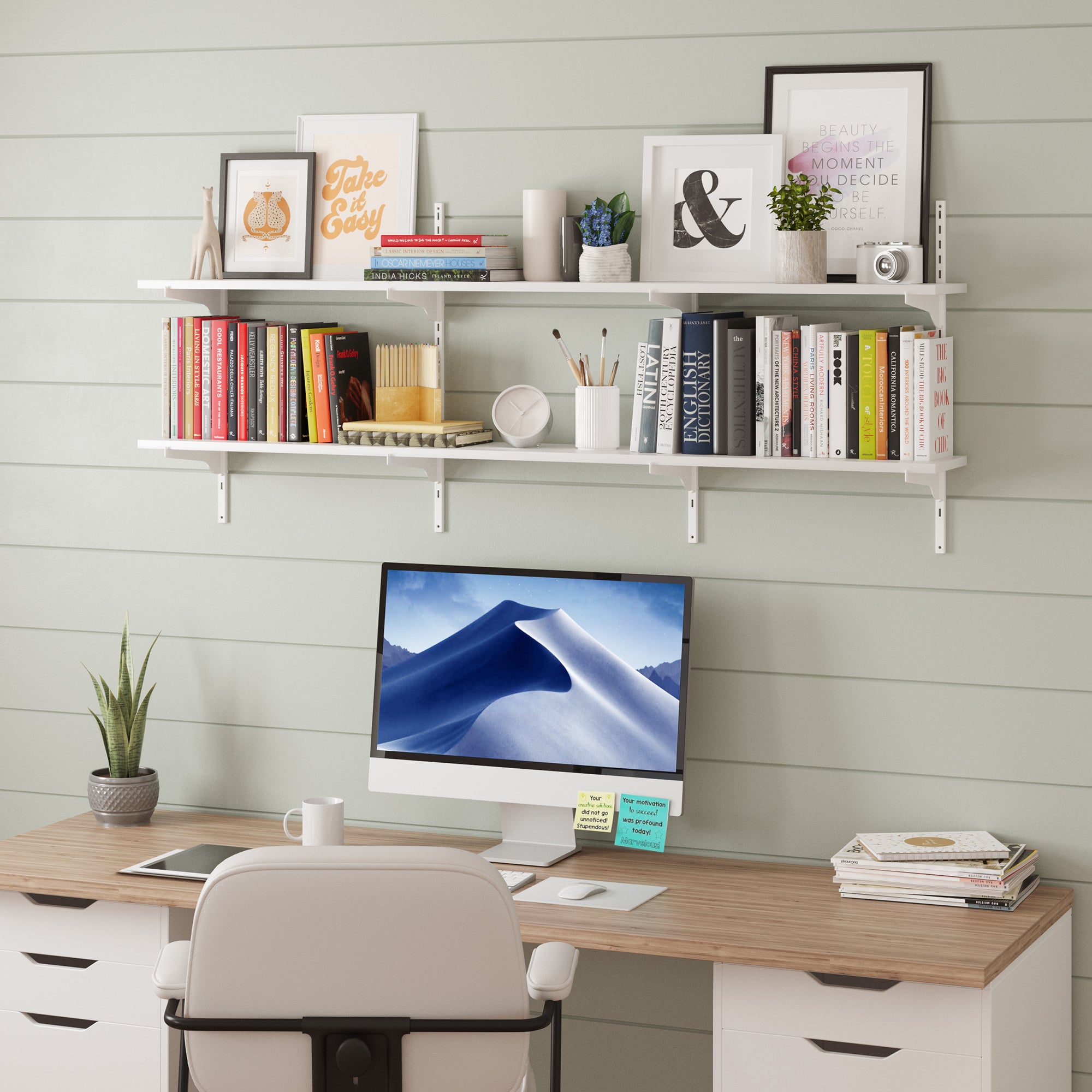 Wall shelves for office setup with books, frames, and a serene workspace vibe.