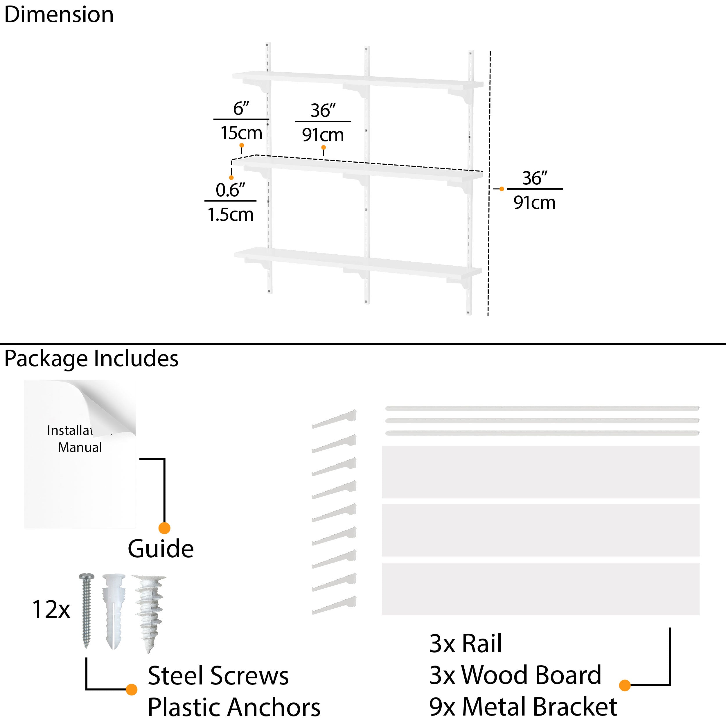 A detailed diagram of 36'' white shelf for wall, showing dimensions and package contents.