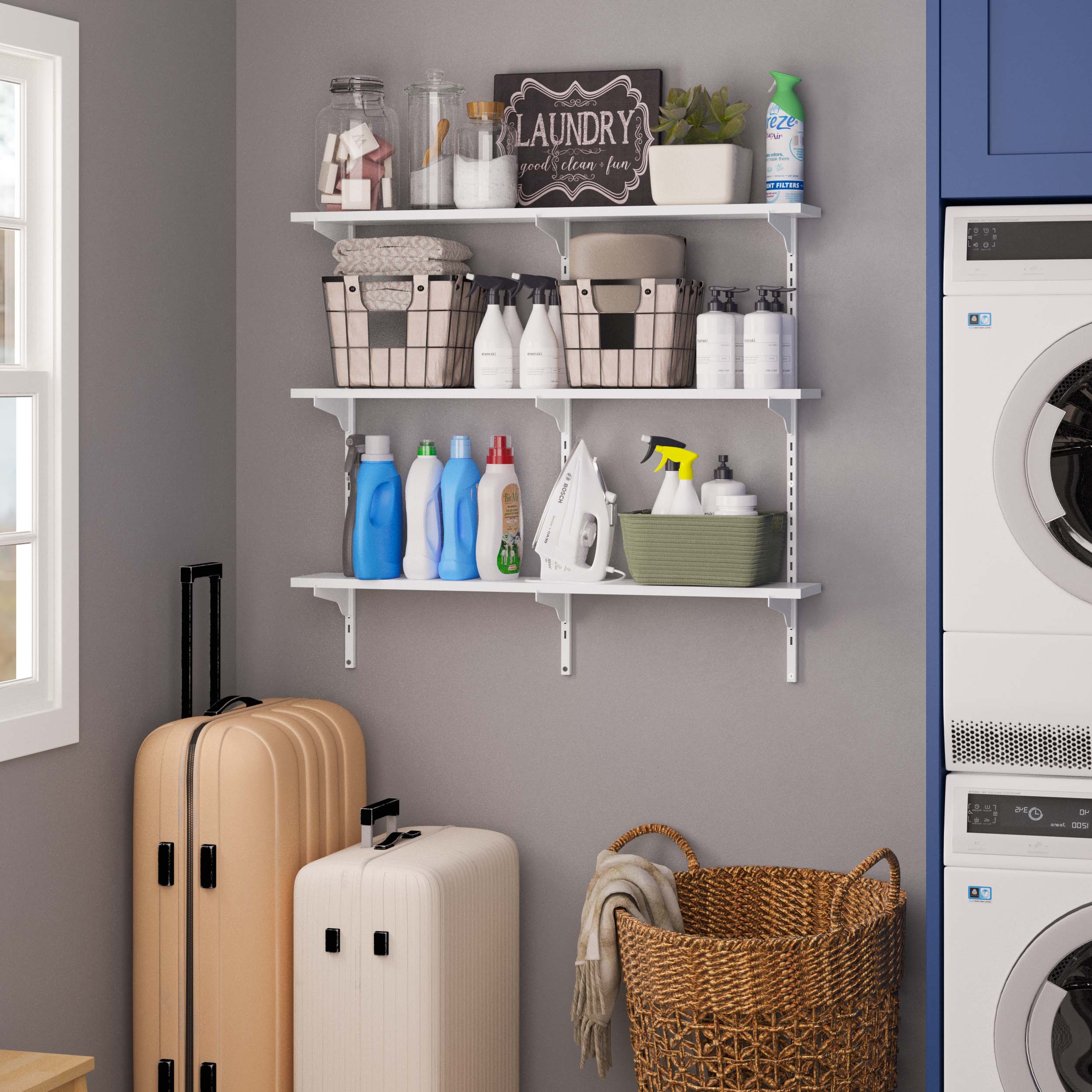 36'' laundry room shelf with cleaning supplies and decorative items.