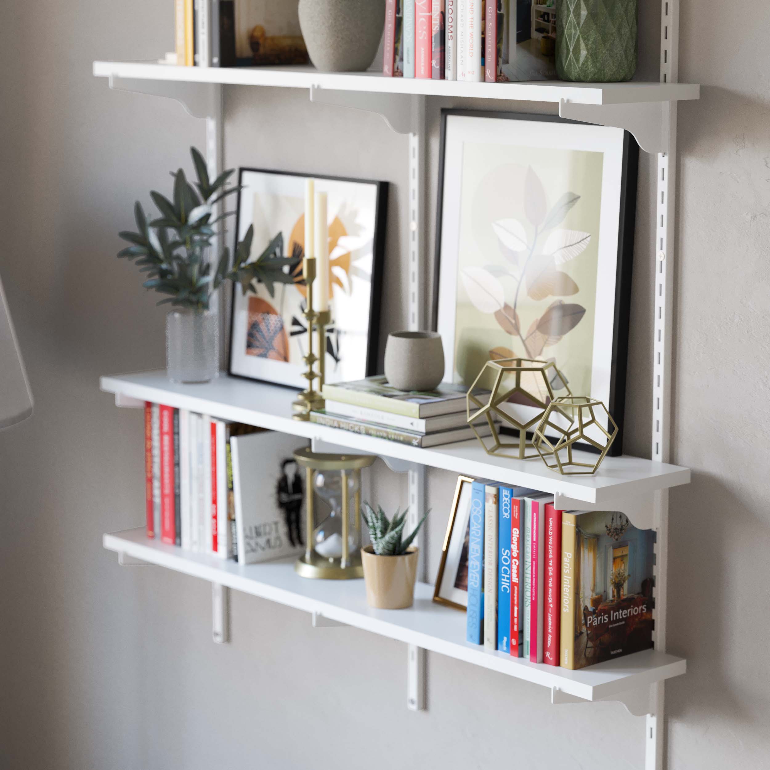 Close-up of white organizer shelves with books, art prints, and houseplants.