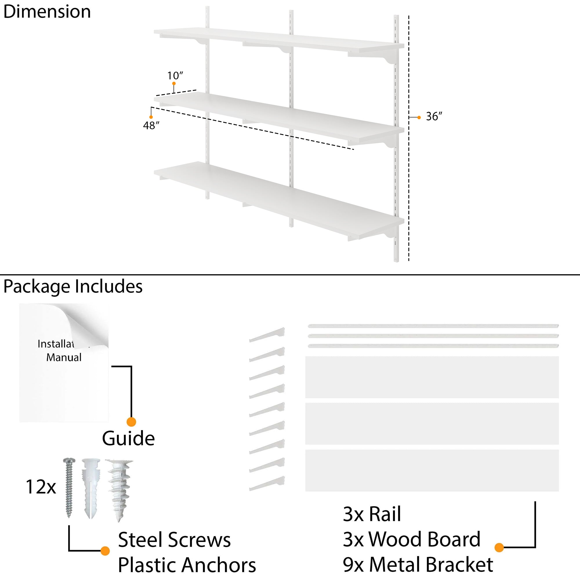 The shelf dimensions (48”W x 10”D x 36”H) and package contents: 3 wall rails, 3 wooden boards, 9 metal brackets, 12 steel screws with anchors, and an installation manual for easy setup.