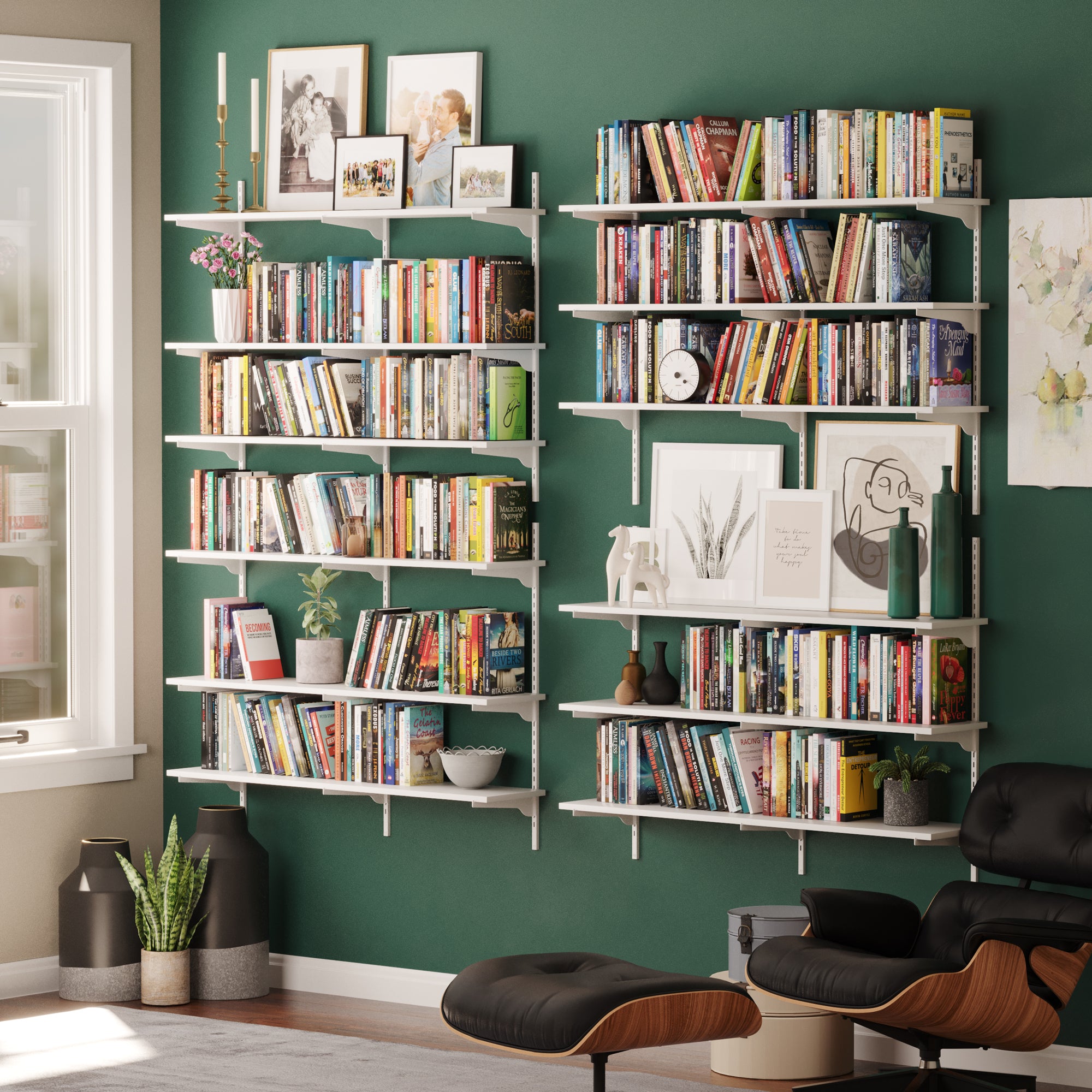 A room with two full shelf units with adjustable brackets filled with books and decorations, showcasing maximum storage and aesthetic wall use.