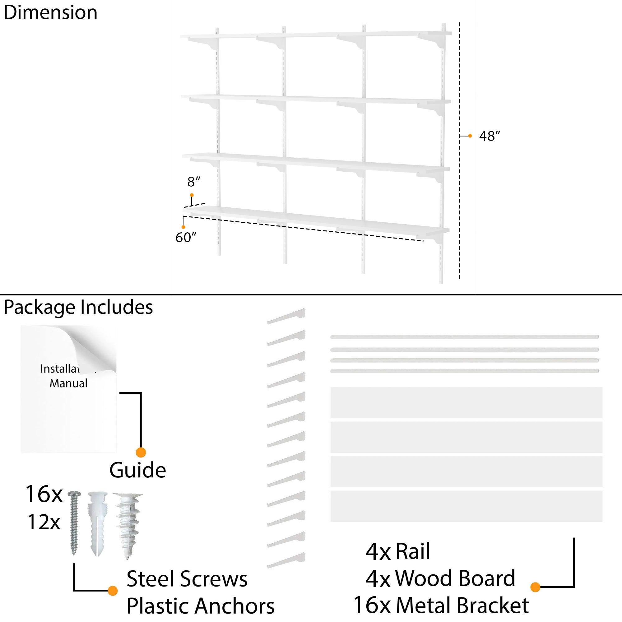 60"W x 36"H x 10"D wall book shelf unit with adjustable brackets with all included parts—rails, boards, brackets, screws, and manual.