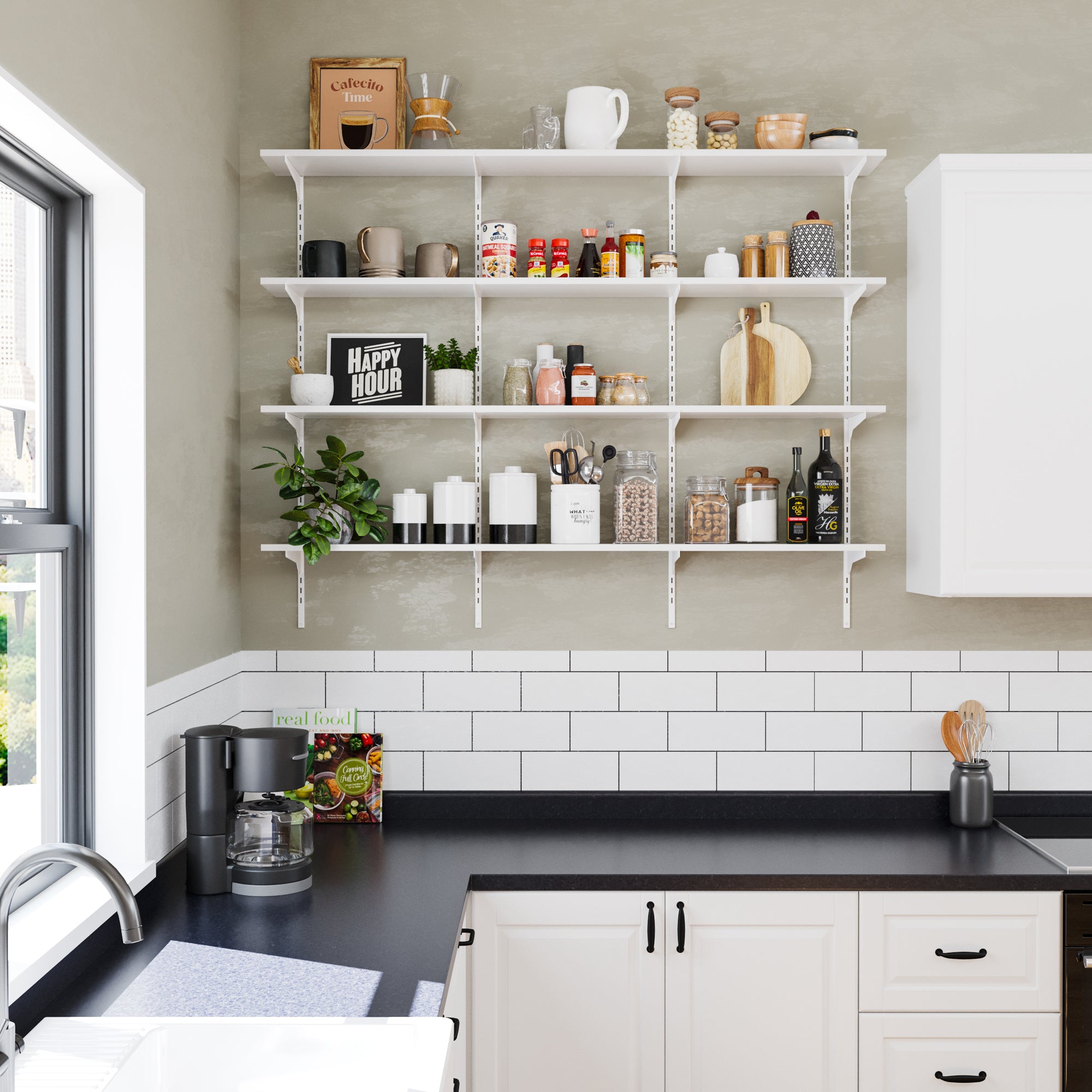  A white 4-tier kitchen wall shelf styled with jars, plates, baskets, and decor.