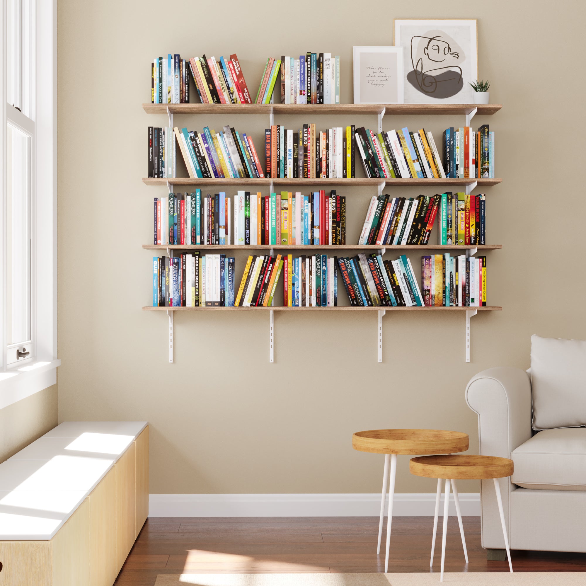A cozy living room setting, the wooden shelf’s ability to organize large book collections stylishly—blending with both classic and modern interiors.