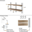 Wall-mounted adjustable shelving unit with dimensions and package contents listed.