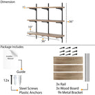 Adjustable bracket shelving unit dimensions and package contents including shelves, rail, wood boards, metal brackets, screws, and installation guide.