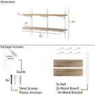 Shelving system dimensions and package contents including shelves, rail, wood boards, metal brackets, screws, and a guide.