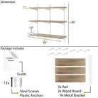 3 tier floating shelves with white brackets and rails with dimensions and package contents on a white background