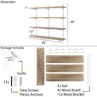 4 tier farmhouse shelf with dimensions and package contents including shelves, rail, wood boards, metal brackets, screws, and a guide.