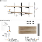 Shelving system dimensions (48" long' 10" deep, 0.6 thick boards) and package contents including shelves, rail, wood boards, metal brackets, screws, and a guide.