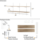 Shelving system dimensions and package contents on a white background