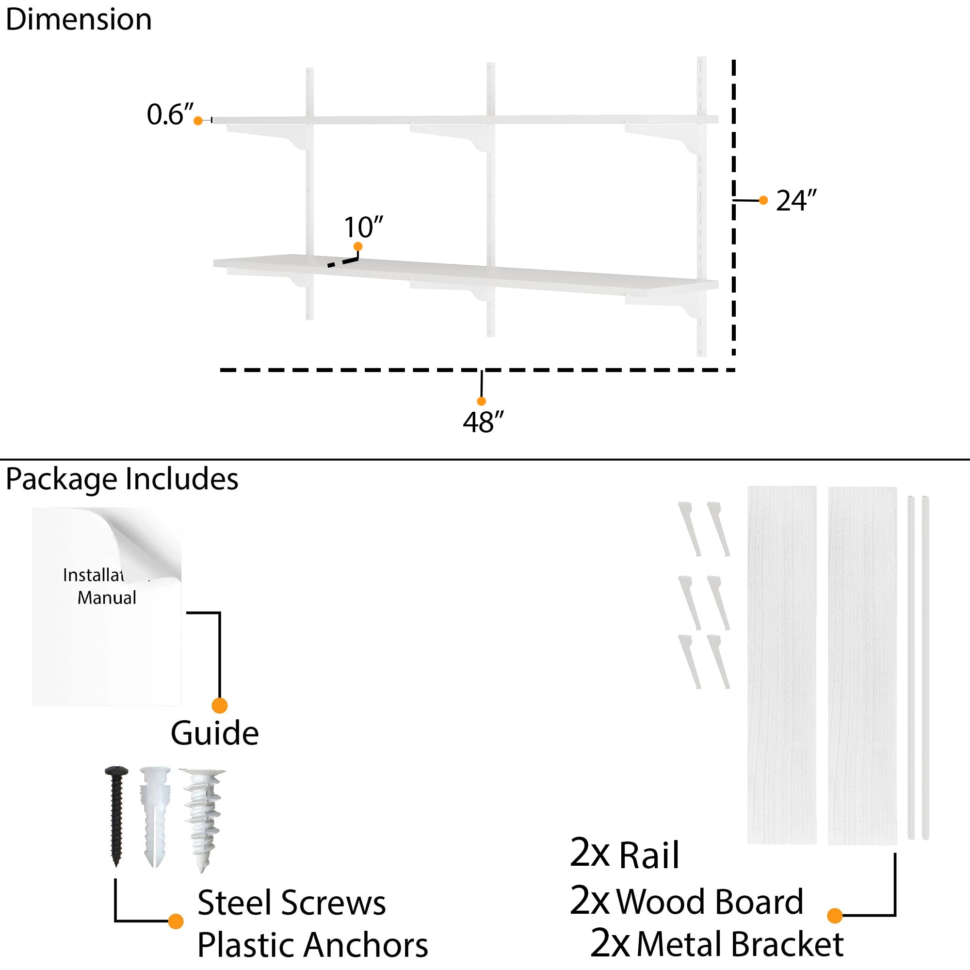 2 tiered white adjustable wall shelf with dimensions and package contents including rail, wood board, metal bracket, screws, and a guide.
