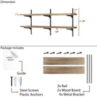 2 tiered floating shelving unit with dimensions and package contents including wood boards, metal brackets, screws, and a guide.