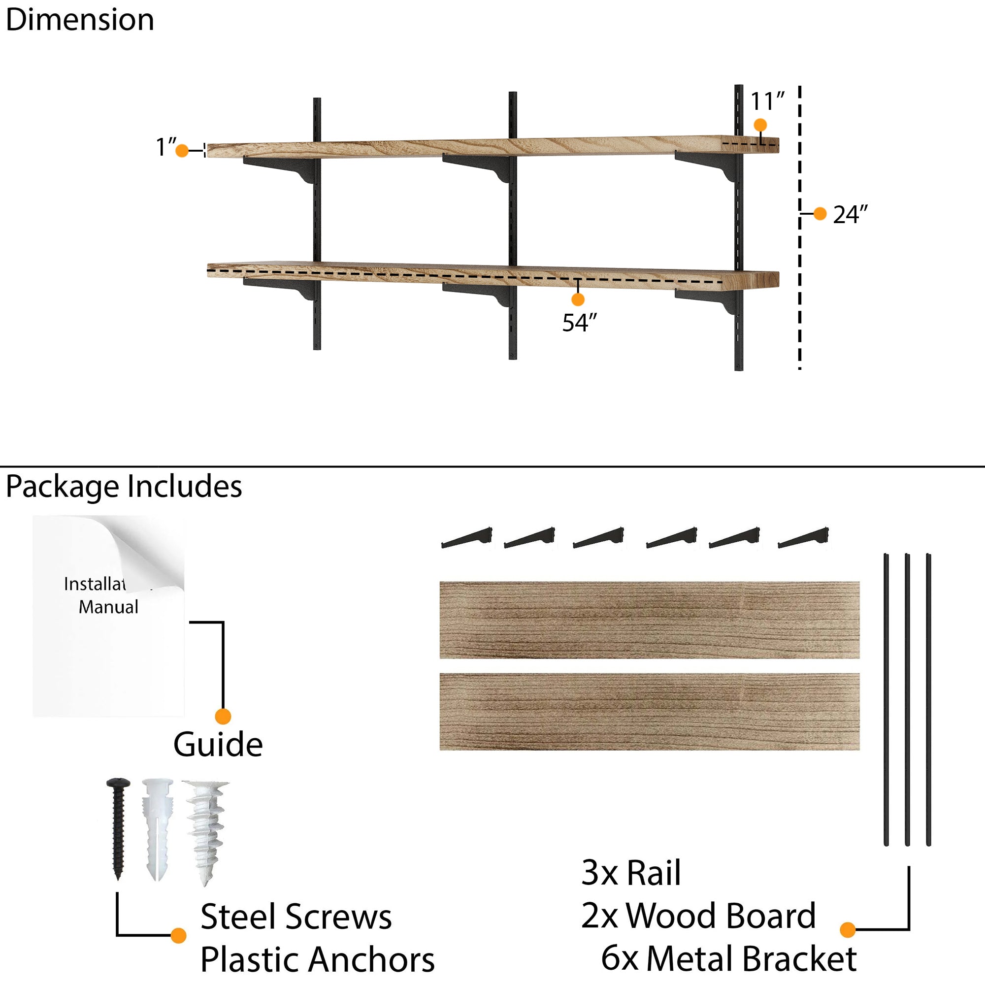 2 tiered floating shelving unit with dimensions and package contents including wood boards, metal brackets, screws, and a guide.
