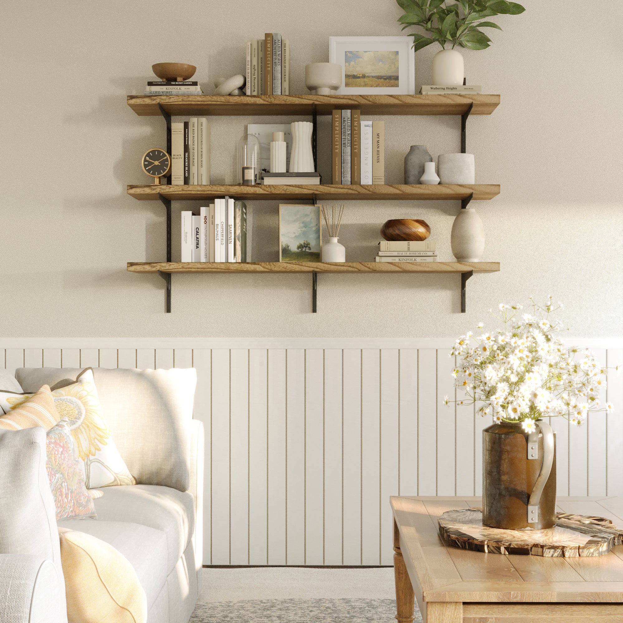 3 tier wall mounted shelf for living room decor with decorative items in a living room setting