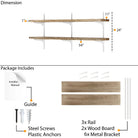 Wall-mounted shelving system with dimensions and package contents listed.