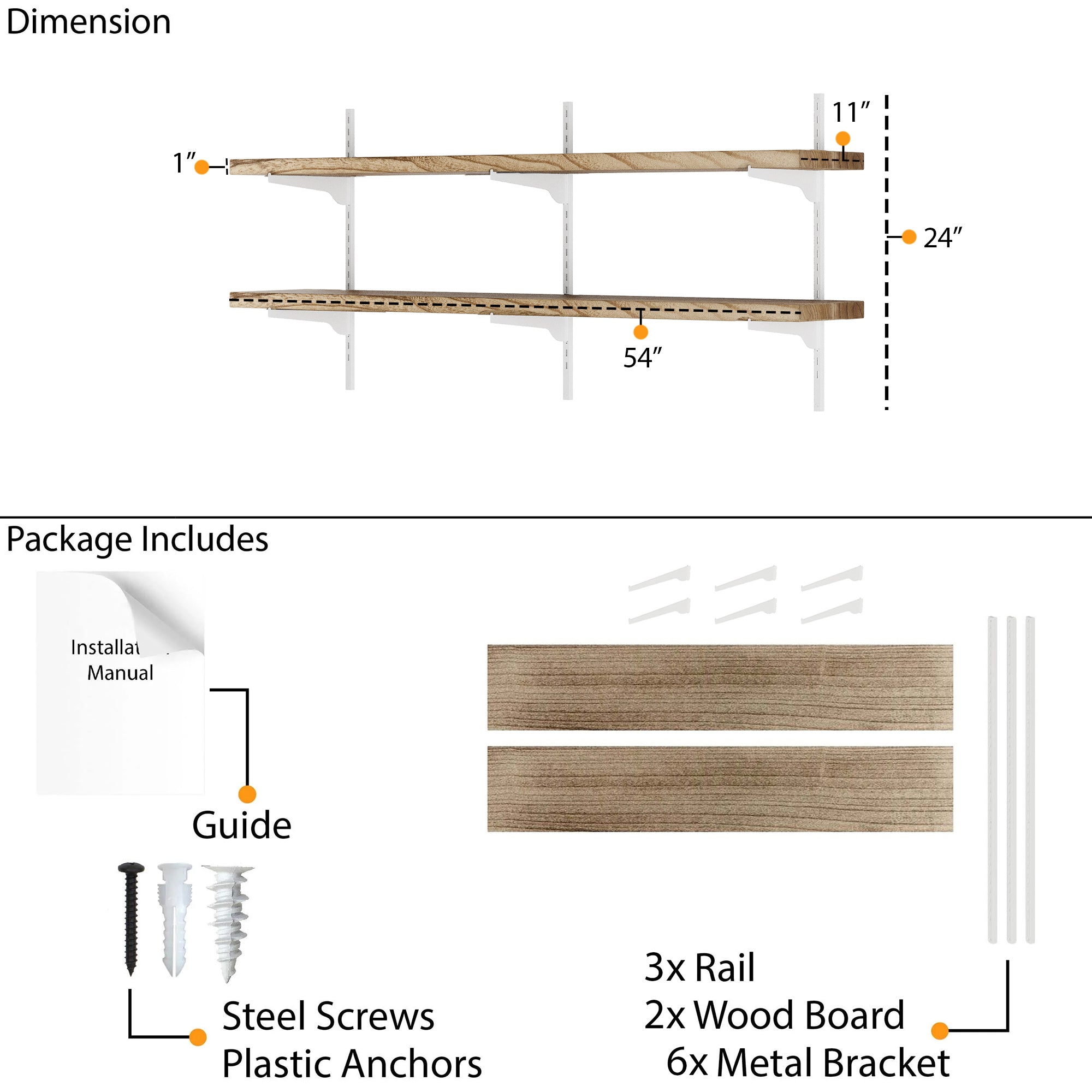Wall-mounted shelving system with dimensions and package contents listed.