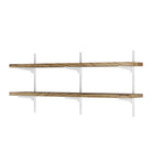 Two wooden shelves with white adjustable metal brackets on a white background