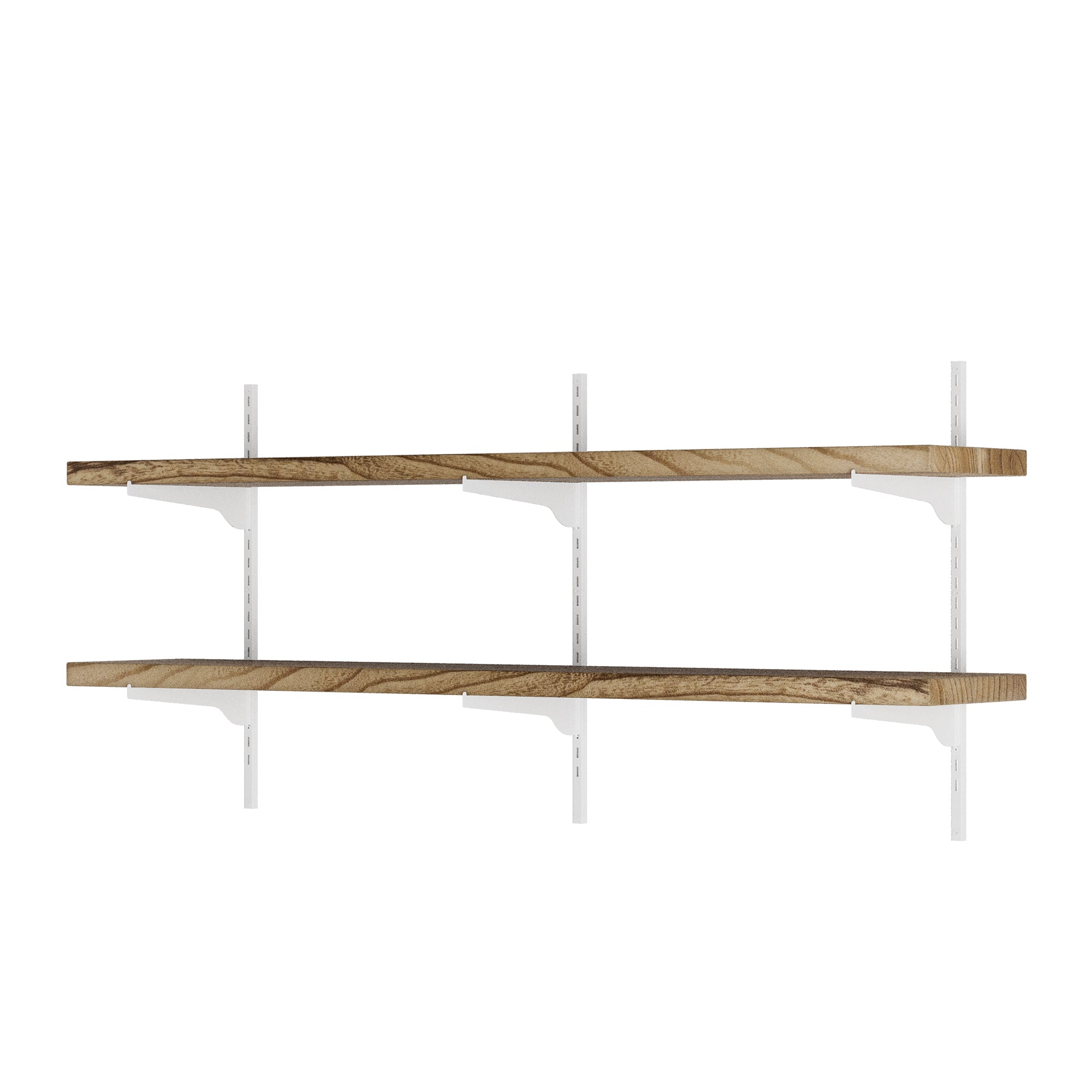 Two wooden shelves with white adjustable metal brackets on a white background