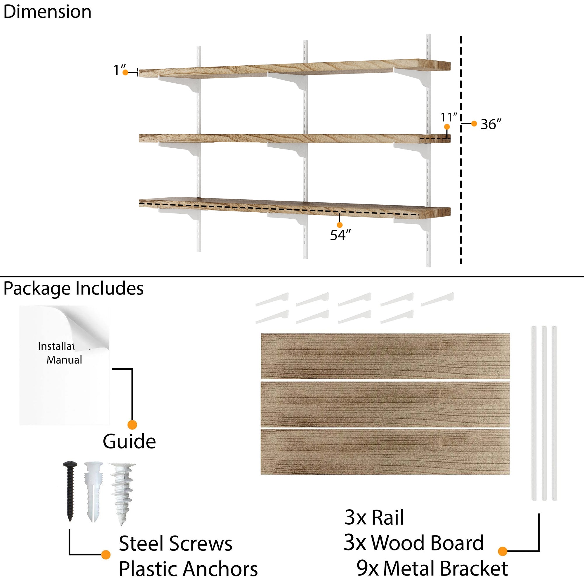 3 tiered shelving unit system with dimensions and package contents including shelves, rail, wood boards, and hardware.