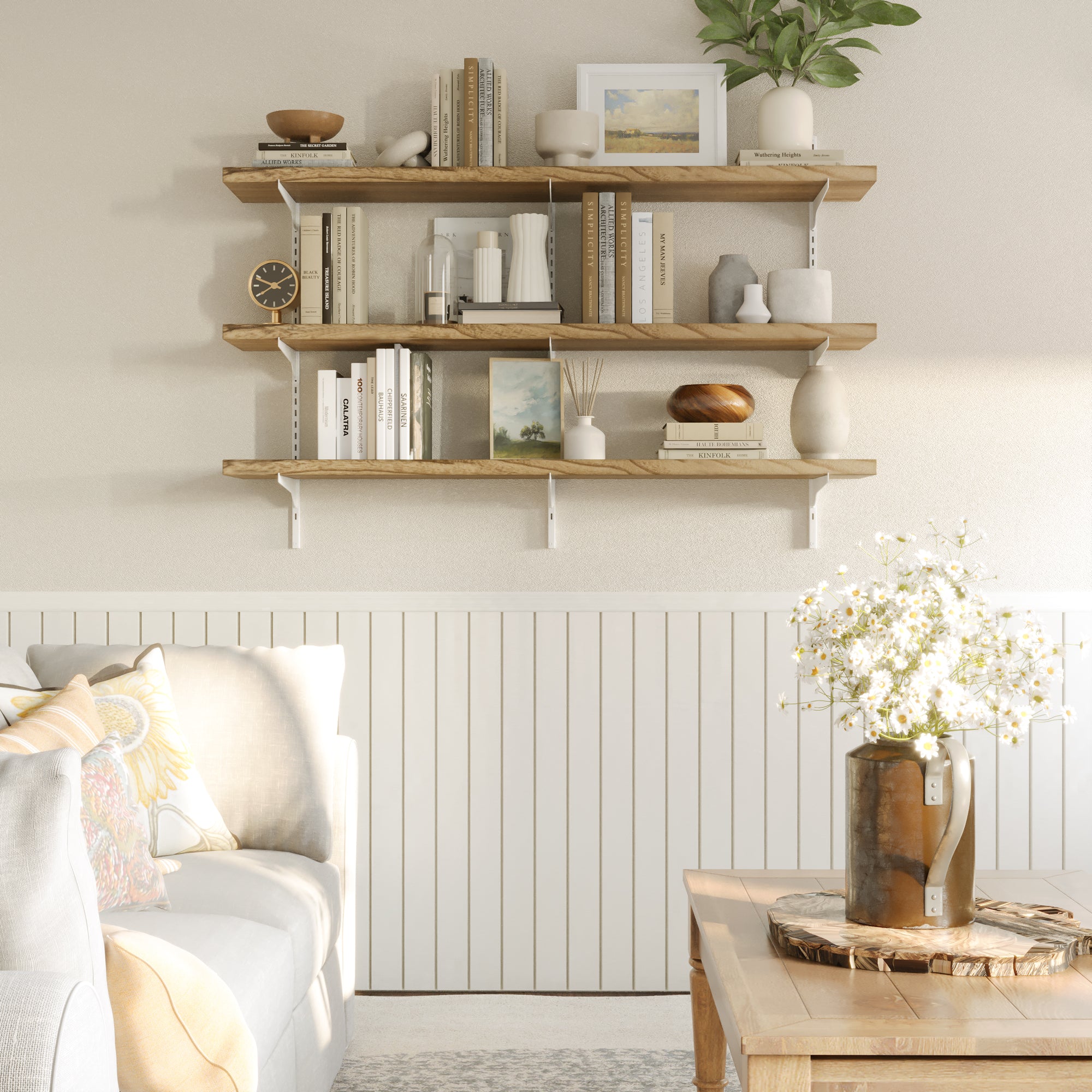 3 tier rustic storage shelf in a living room with books, decor items, and a plant.