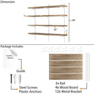 Shelving system with dimensions and package contents on a white background