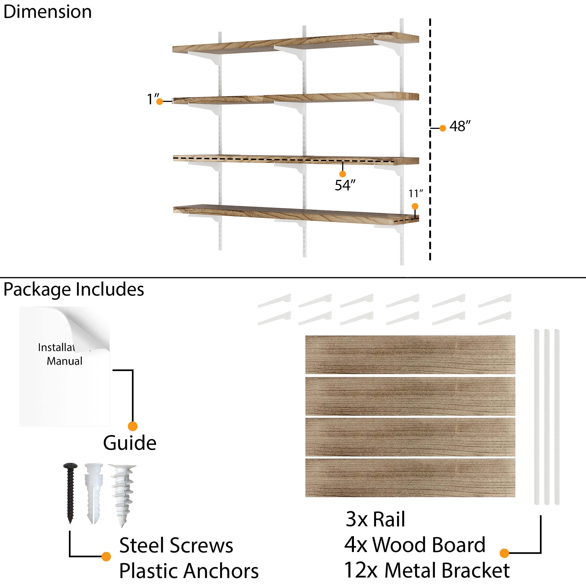 Shelving system with dimensions and package contents on a white background