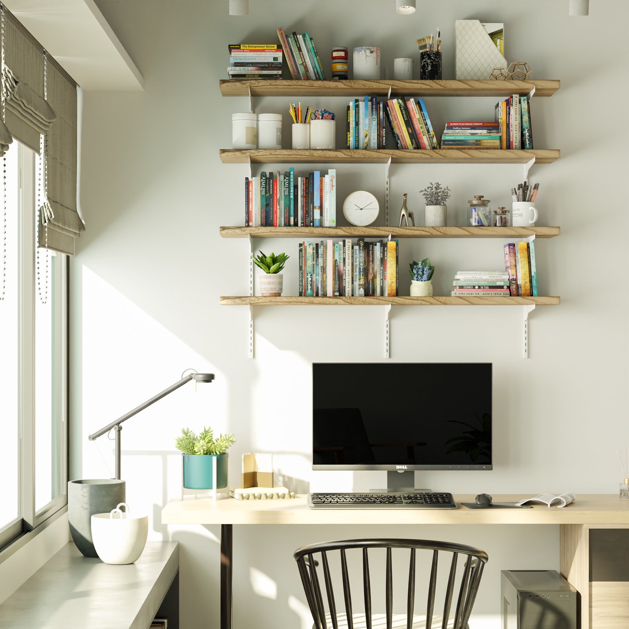 Modern home office with long wood shelves for office supplies, desk, and computer setup.