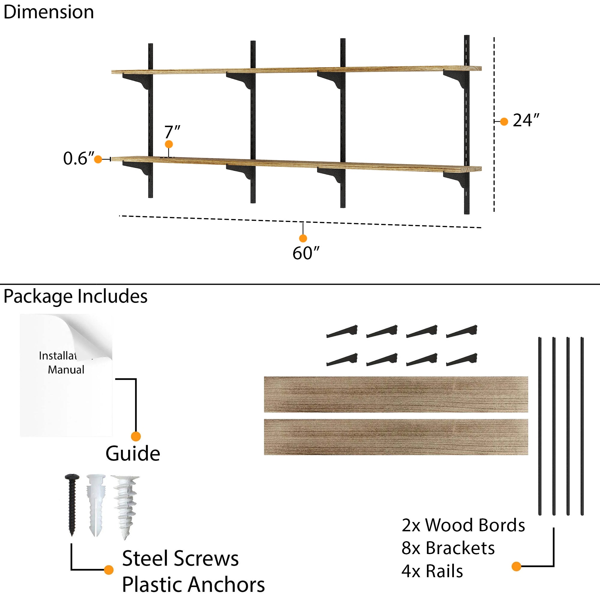 Shelf dimensions and package contents including wood boards, brackets, rails, screws, and a guide on a white background.