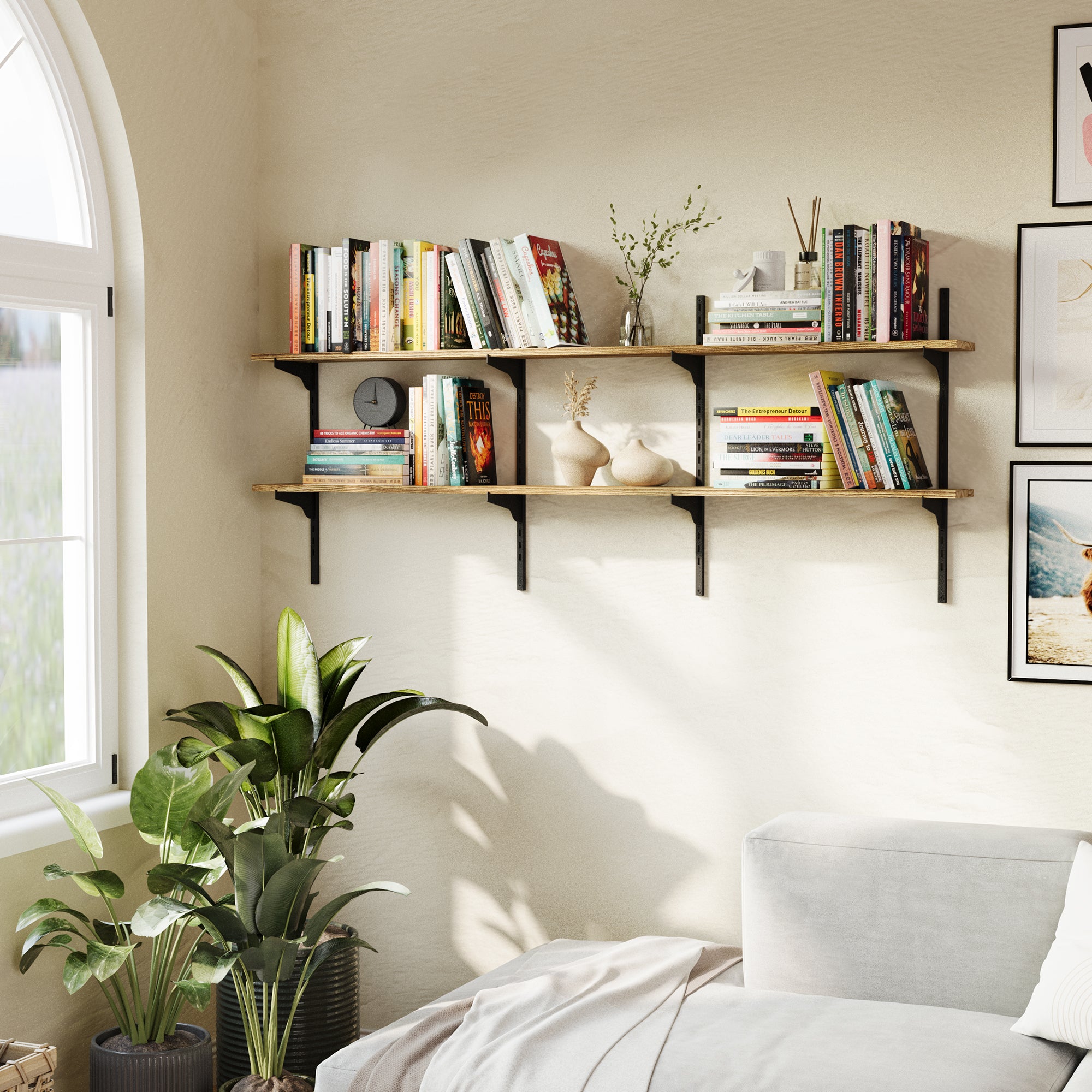 Wall-mounted shelves with books and decor in a room with a window and plant.