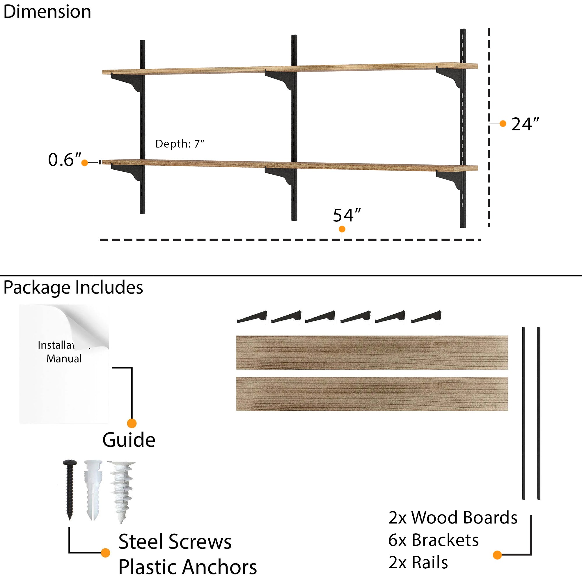 Shelving system with dimensions and package contents on a white background