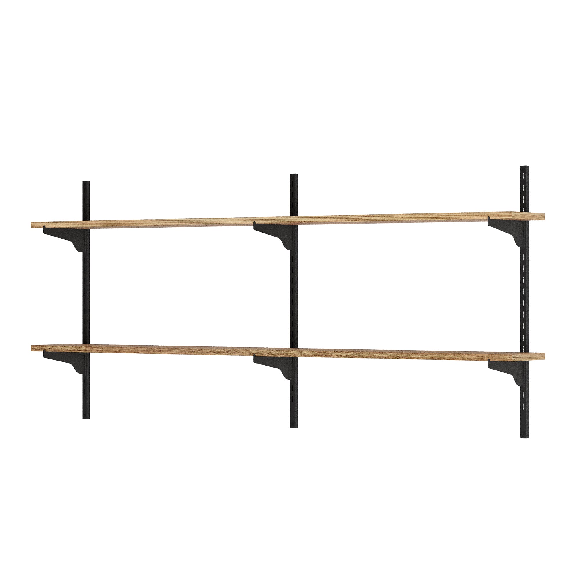 Wooden shelves with black metal brackets on a white background