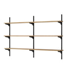 Hanging shelves with black metal brackets on a white background