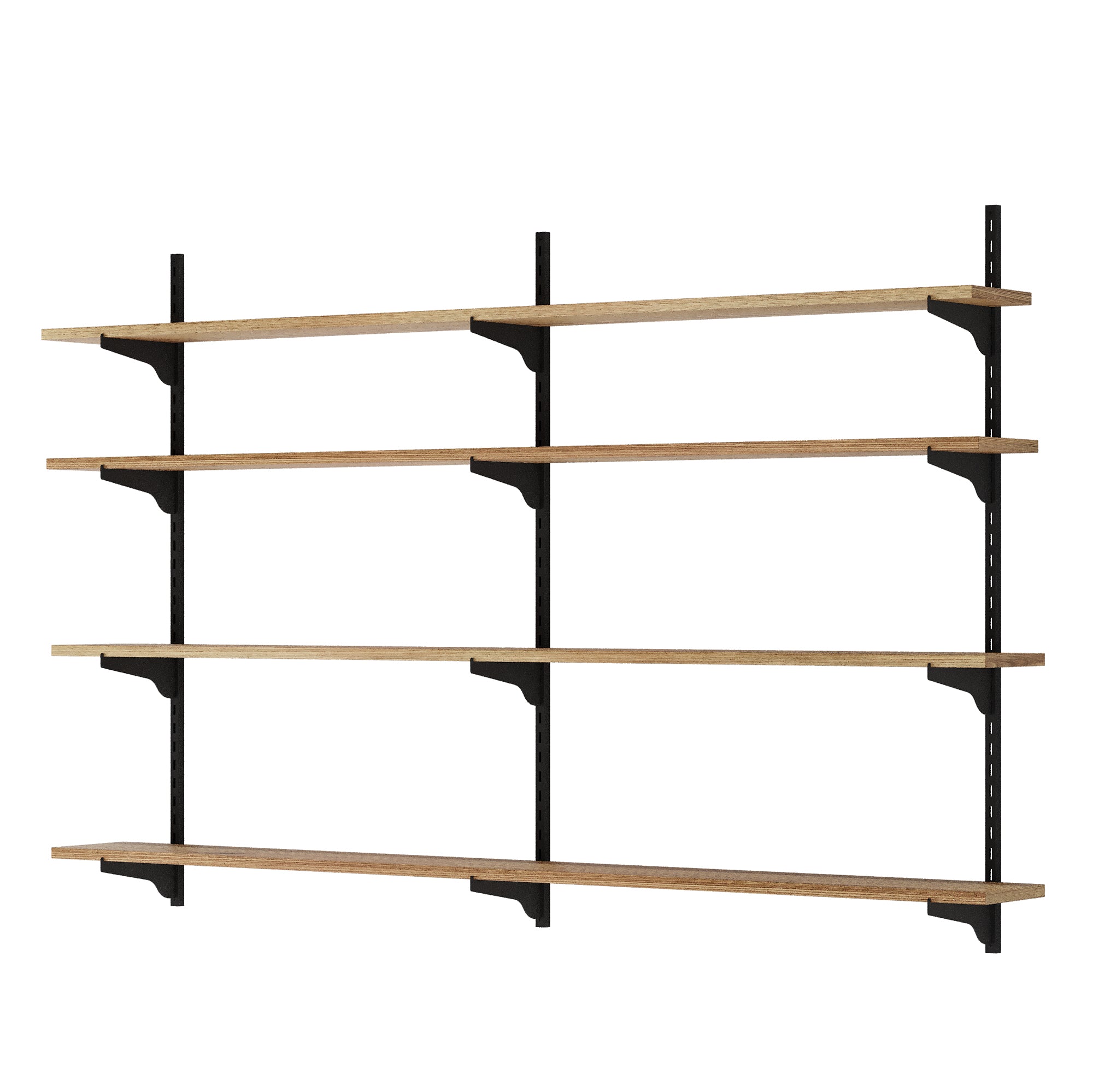 Wooden shelves with black metal brackets on a white background