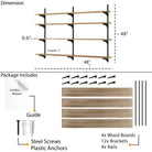 Shelving system with dimensions and package contents including wood boards, brackets, and screws.